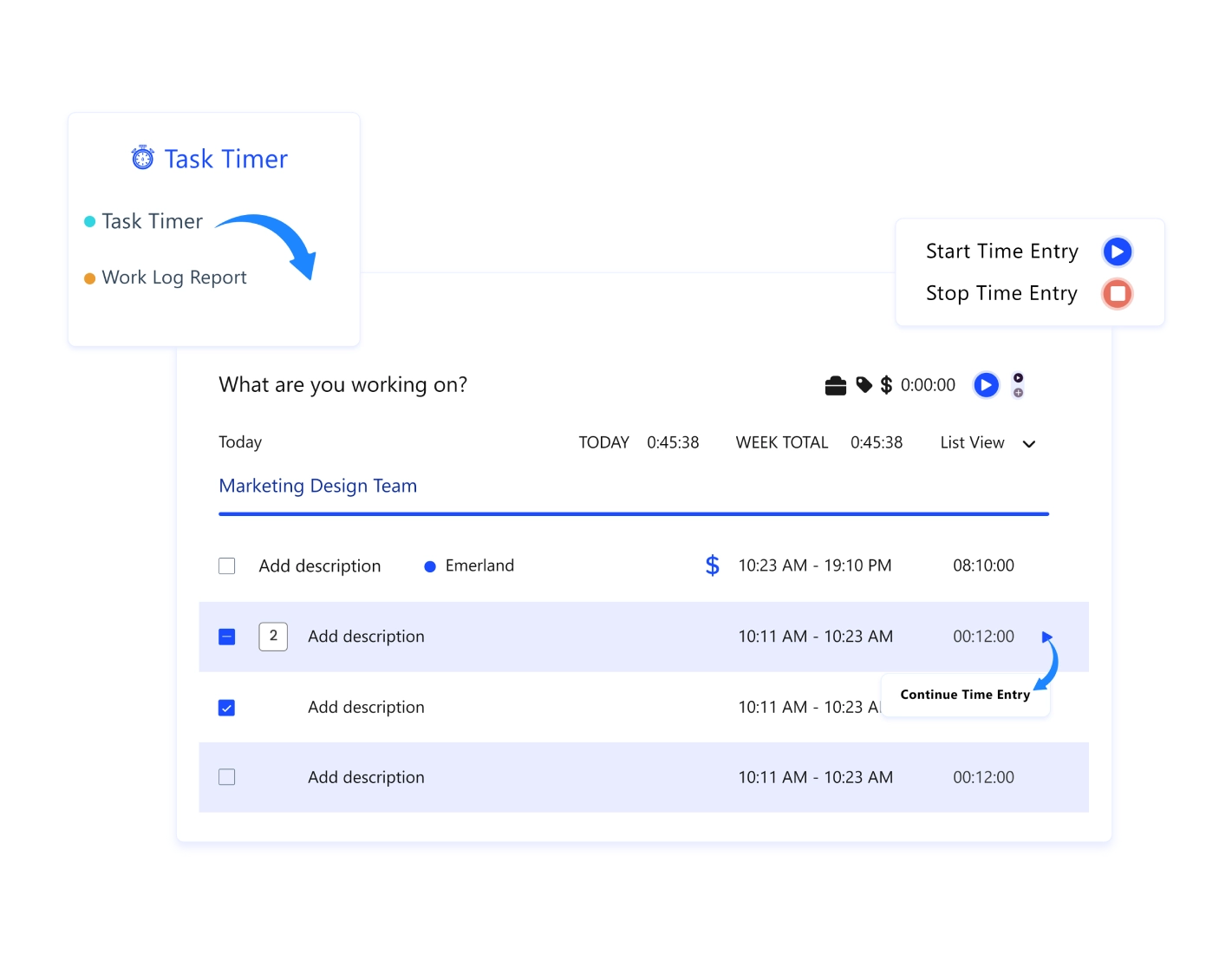 One-Click Time Logging dashboard